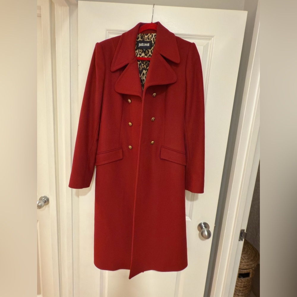 Just Cavalli Red Double-Breasted Pea Coat New Without Tags - Size 44